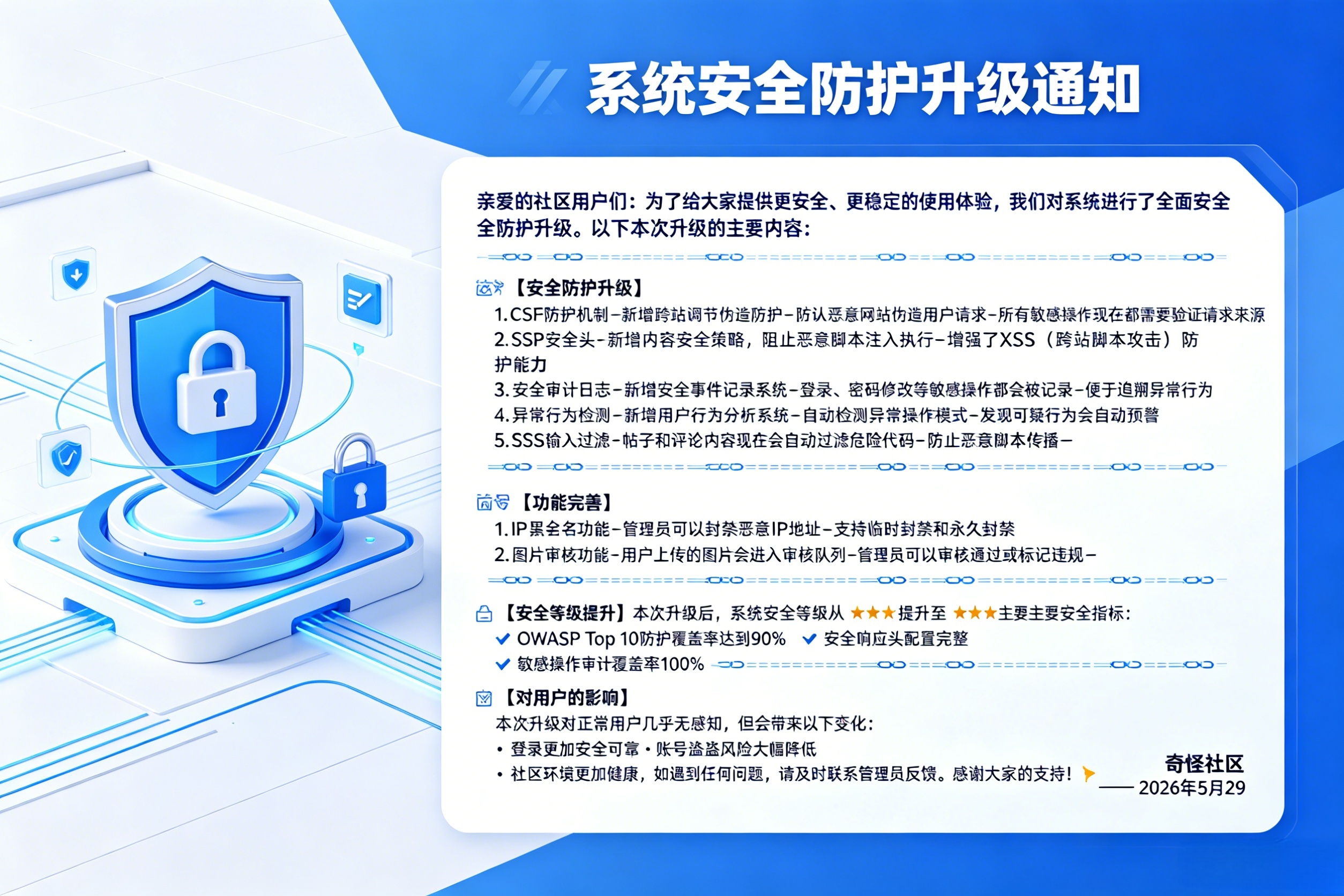 【官方公告】社区系统安全防护全面升级完成